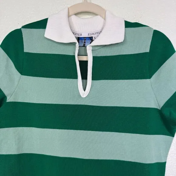 Elhoffer Top Women Large Detective Green Striped Polo Costume Cosplay Knit Shirt - Picture 3 of 11